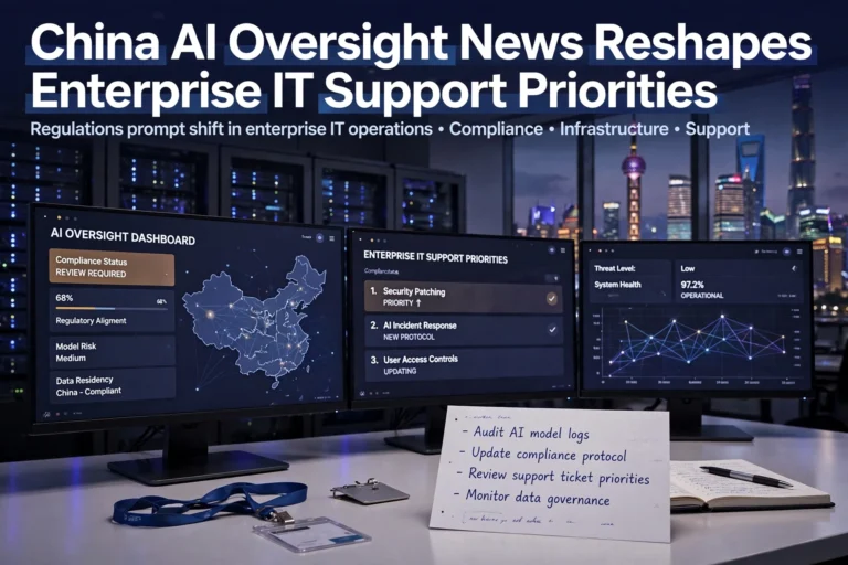 Three monitors show AI compliance dashboards in an office. A notepad lists IT tasks. Headline reads, “China AI Oversight News Reshapes Enterprise IT Support Priorities.”.