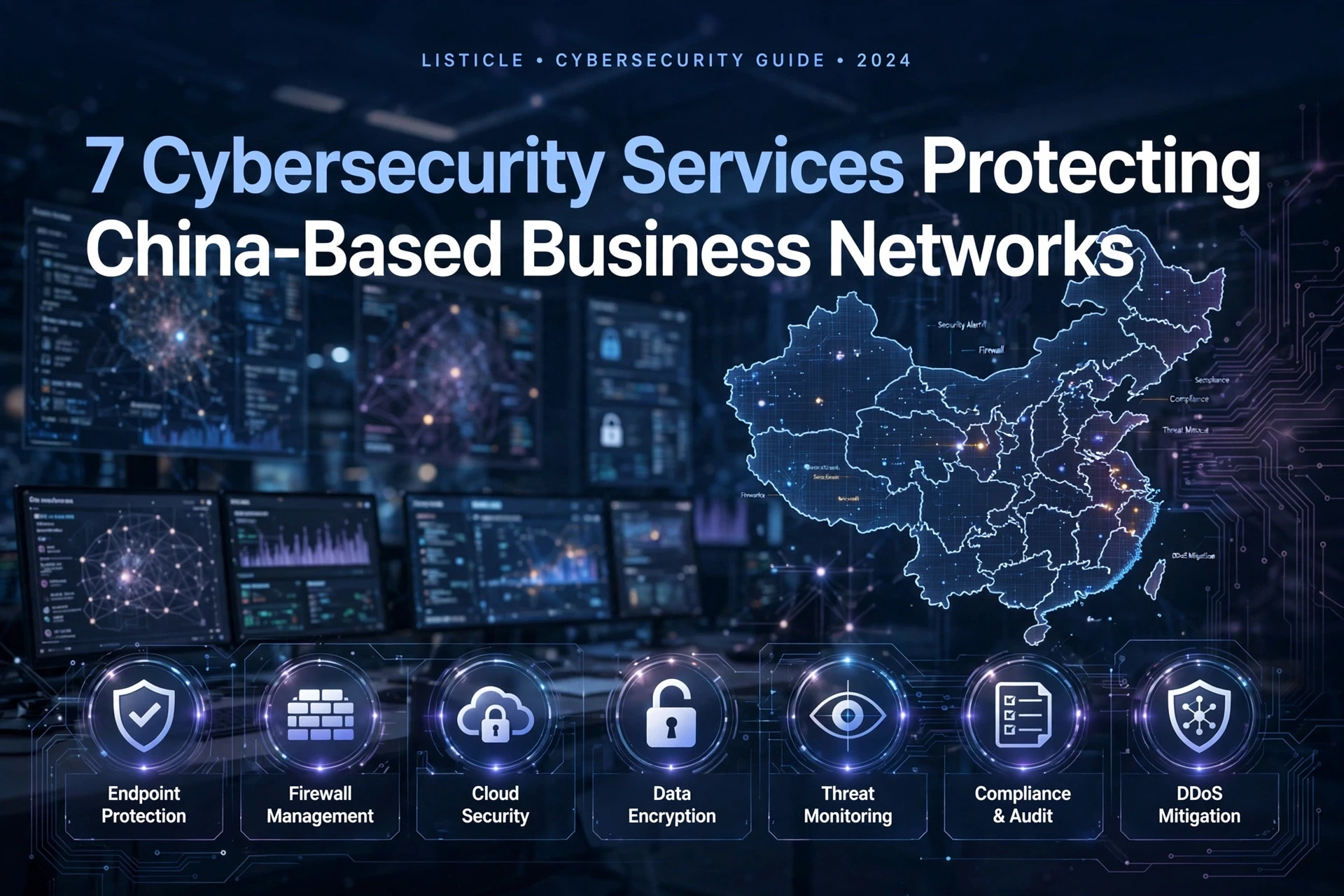 A digital control room with servers, a map of China, and icons representing cybersecurity services like firewall management, cloud security, and threat monitoring.