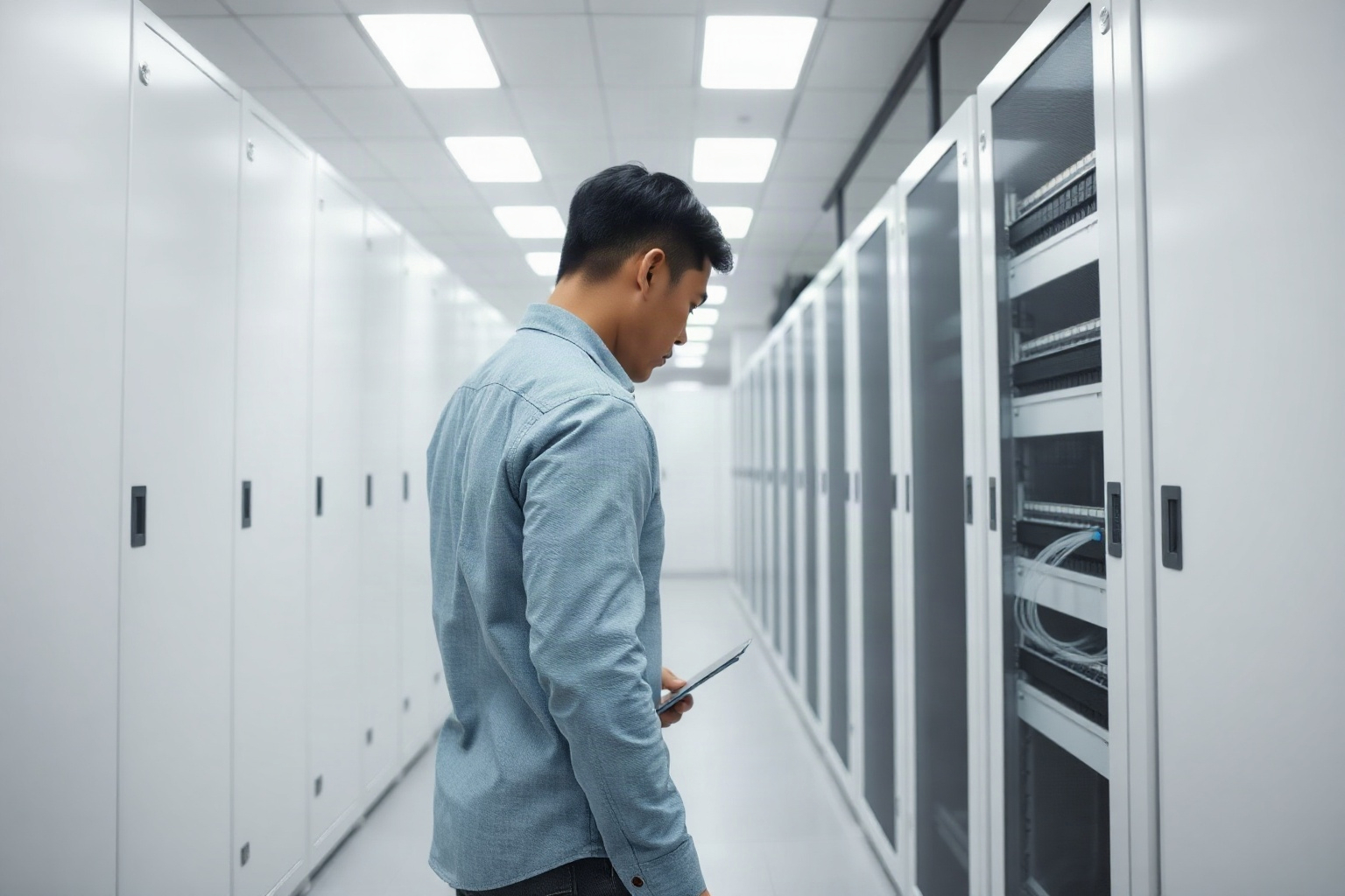 Engineer checking cables and patch panels in a bright server room