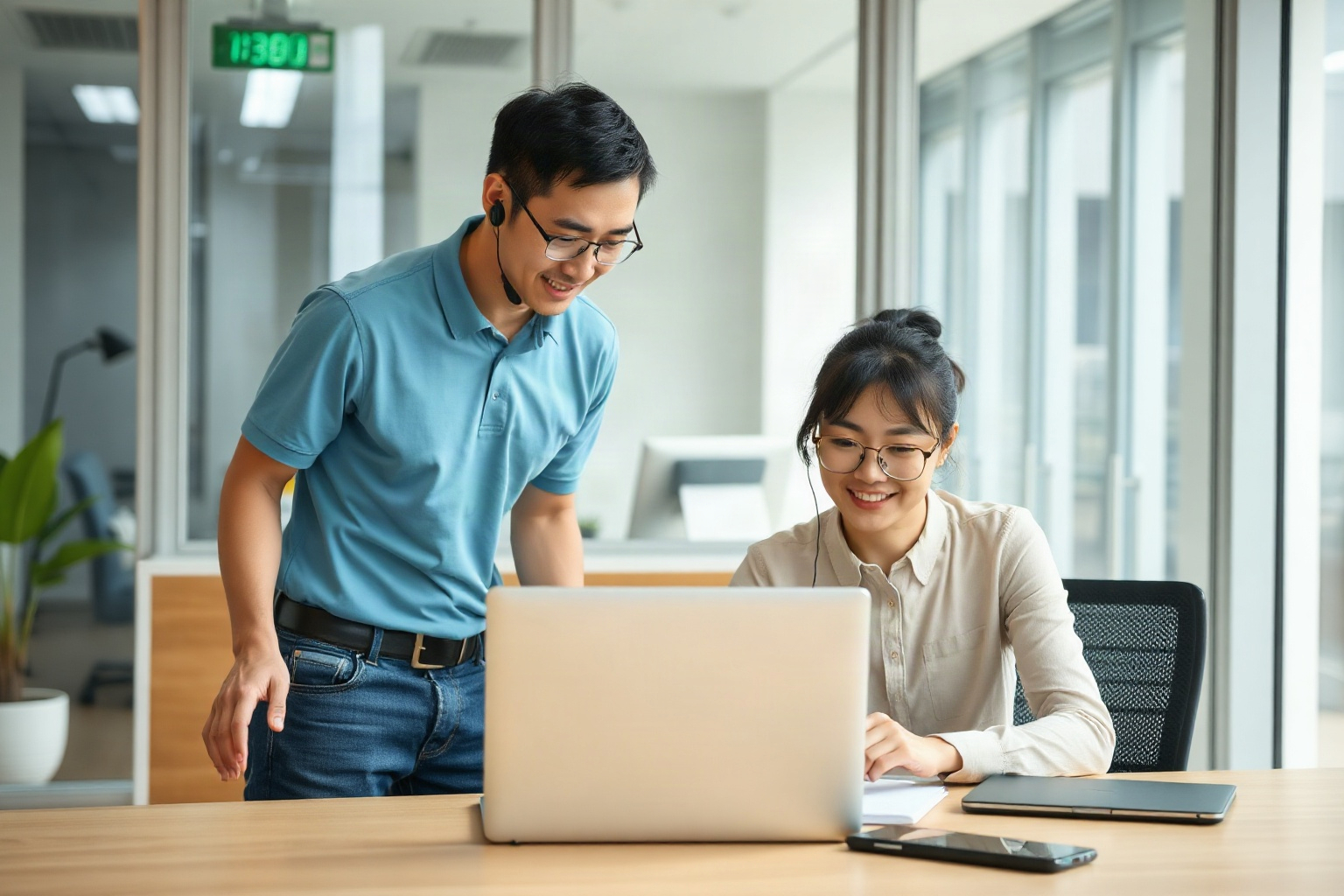 Two people in an office work together at a desk with a laptop, tablet, and phone. One stands and smiles while the other sits and types, both wearing glasses.