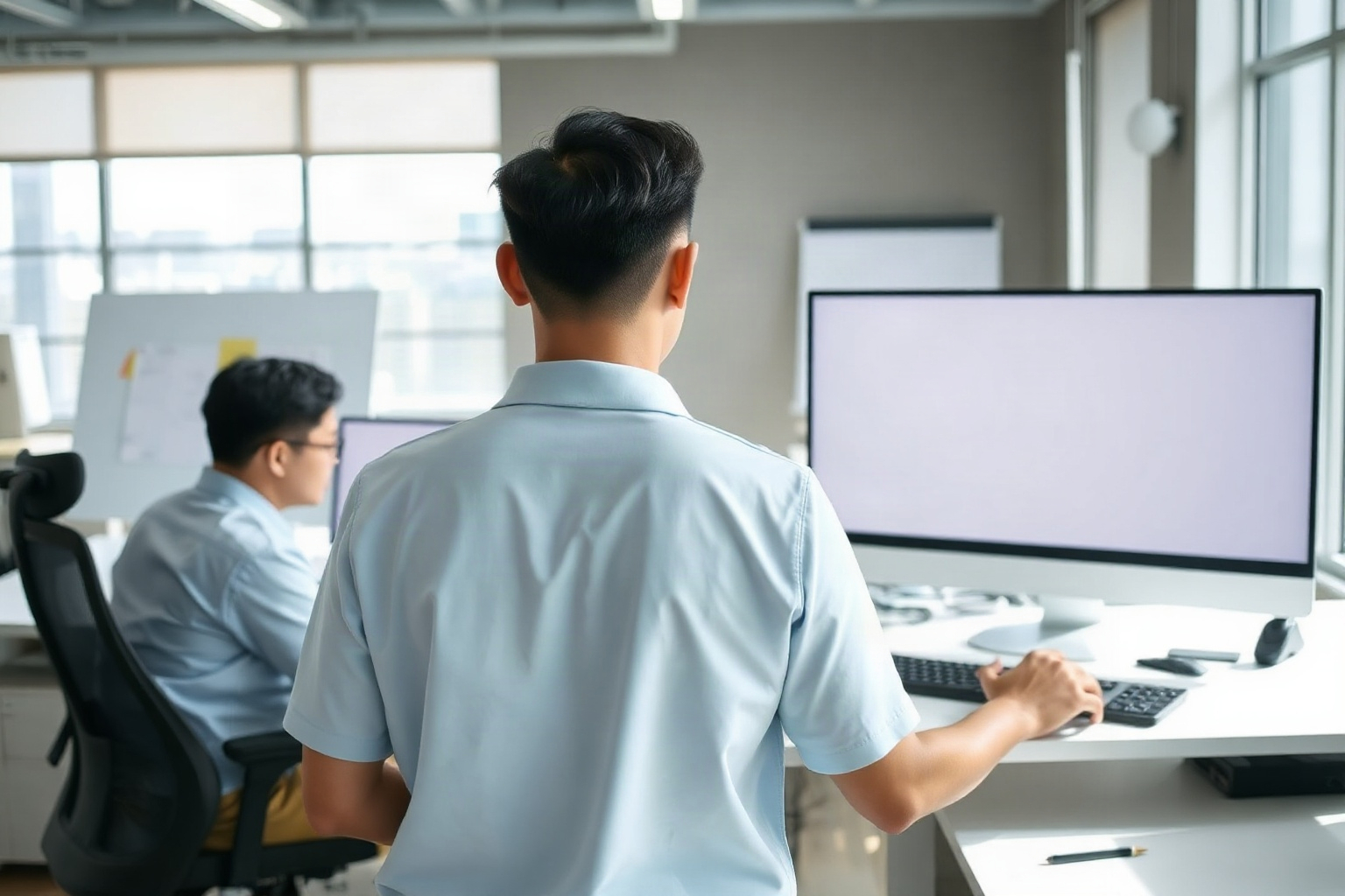 IT technician at work at a workstation in a modern office