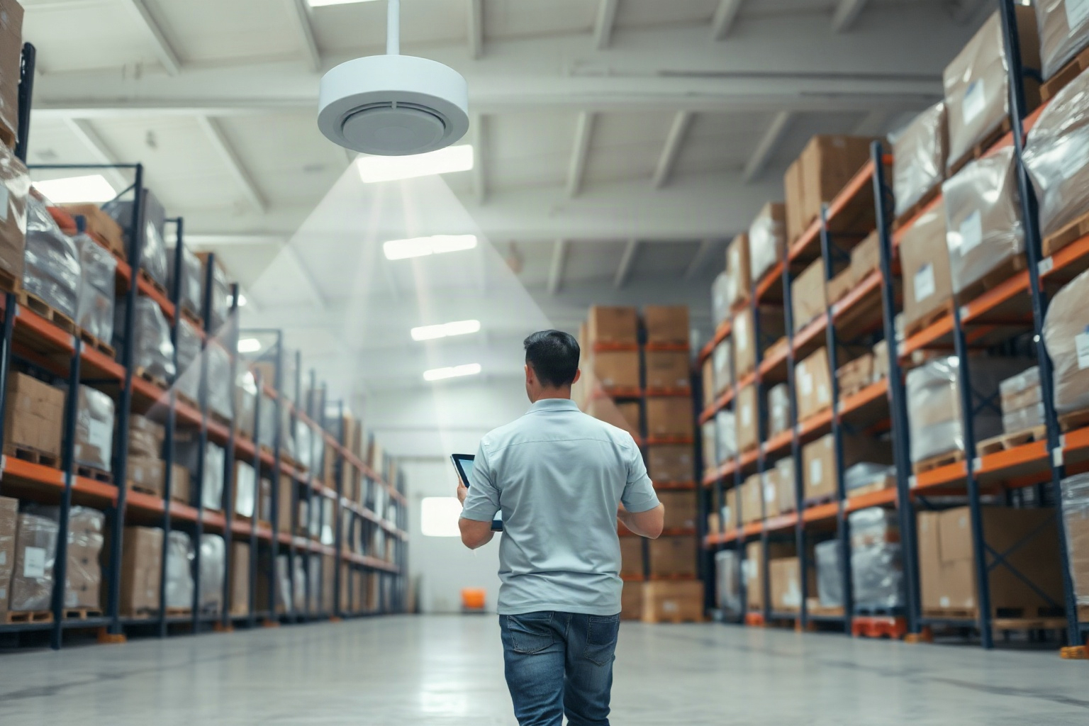 A person holding a tablet walks down an aisle in a warehouse with tall shelves filled with boxes and a ceiling-mounted device above.