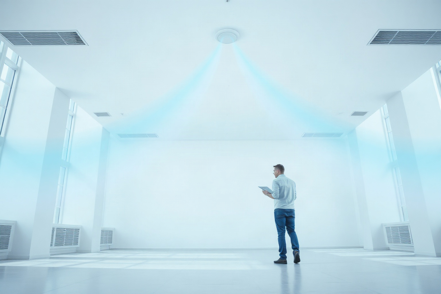 Access point on a bright ceiling with signal coverage shown as light