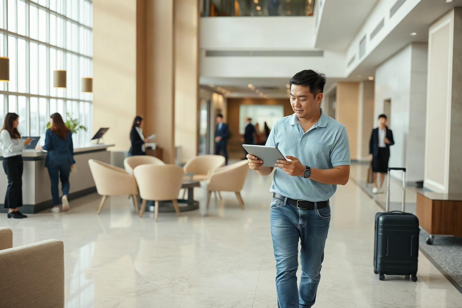 Man in casual clothes walks through a hotel lobby while using a tablet, pulling a suitcase. Other people are in the background near the reception desk and seating area.