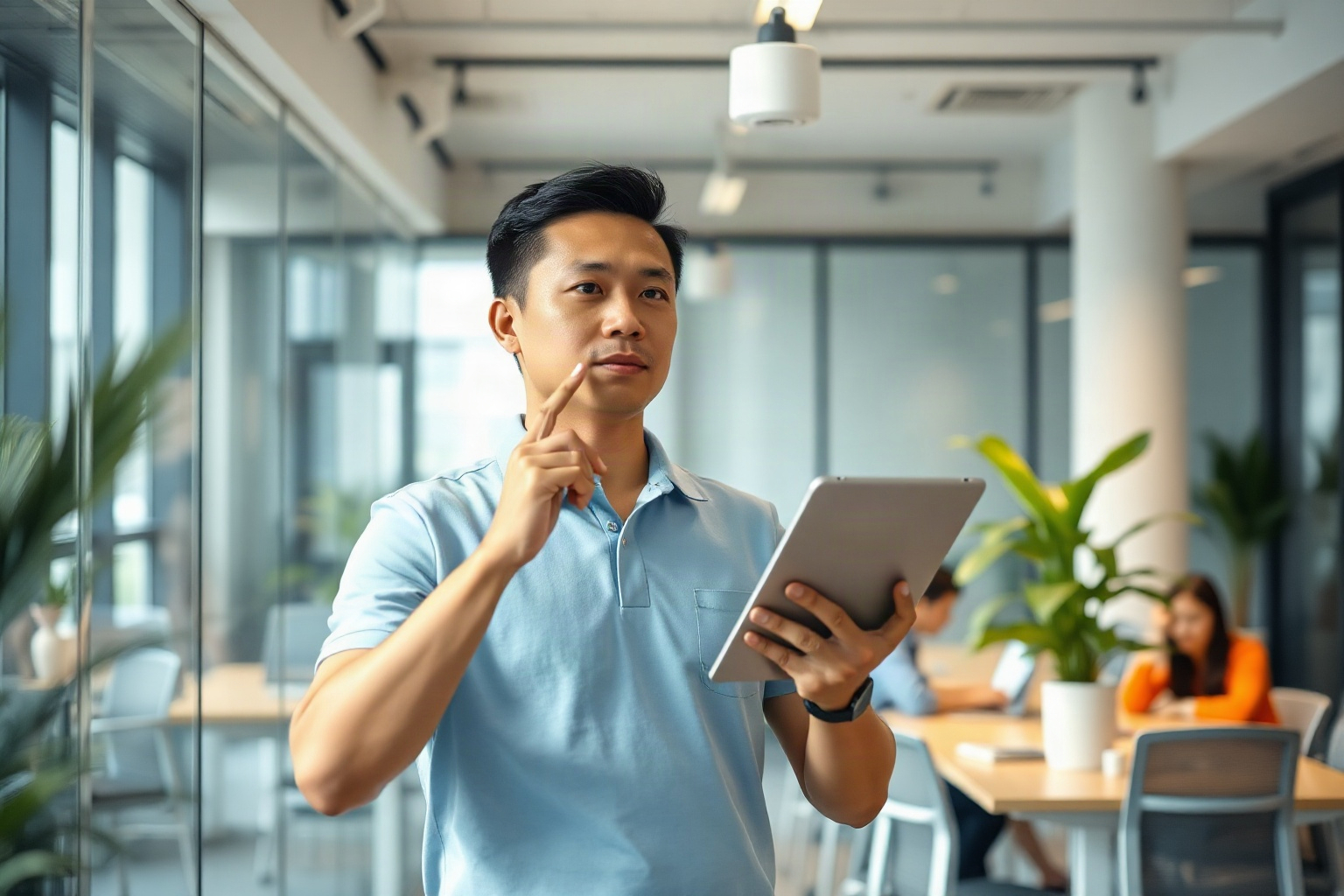 A person in a light blue polo shirt stands in an office holding a tablet and a pen, appearing thoughtful. Other people are seen working in the background.