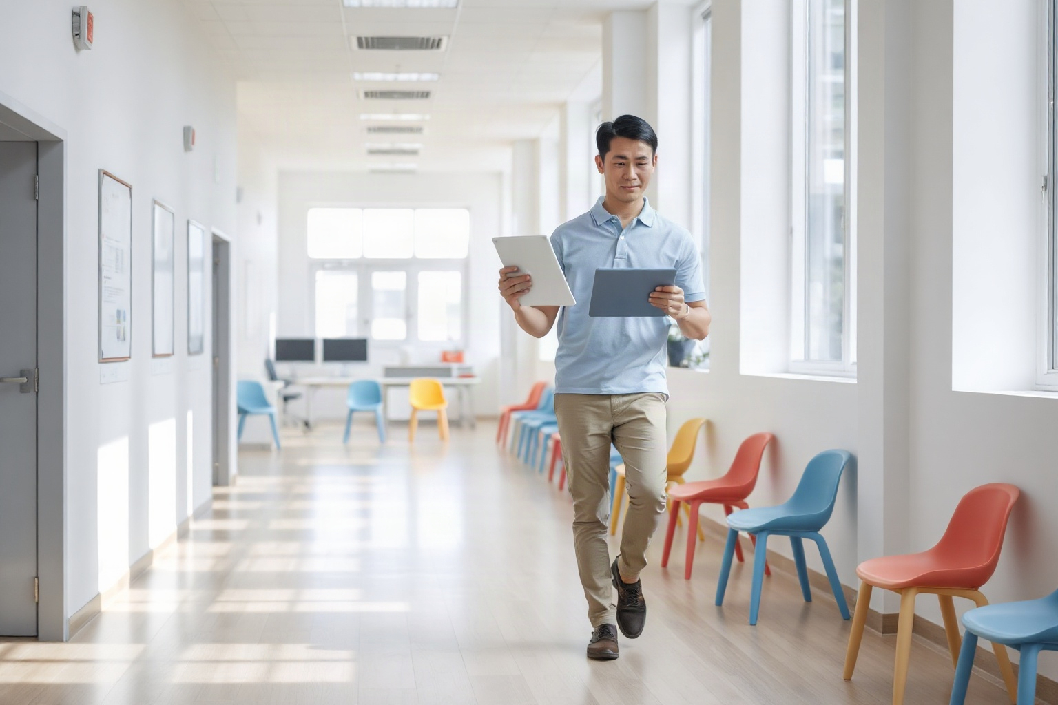 A man walks down a brightly lit hallway holding a tablet and a folder; colorful chairs line the wall and large windows let in natural light.