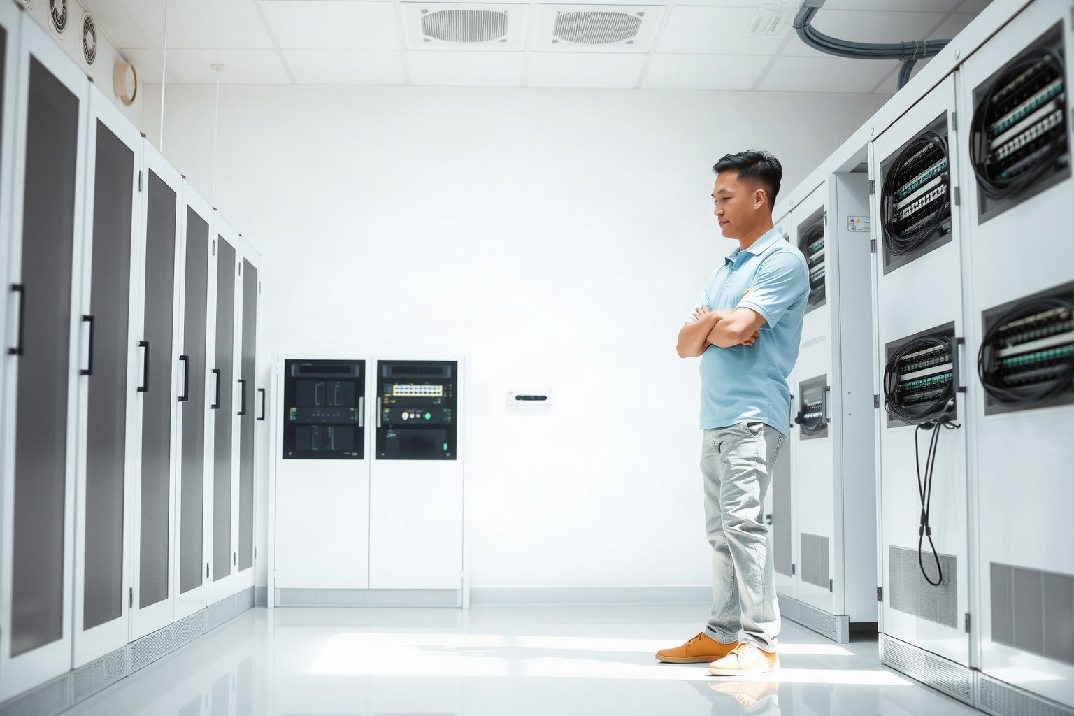 A man in a blue shirt and khaki pants stands with arms crossed in a brightly lit server room, facing rows of server racks.