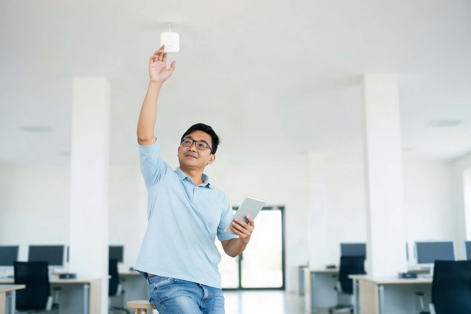 Engineer checking a ceiling access point with a tablet