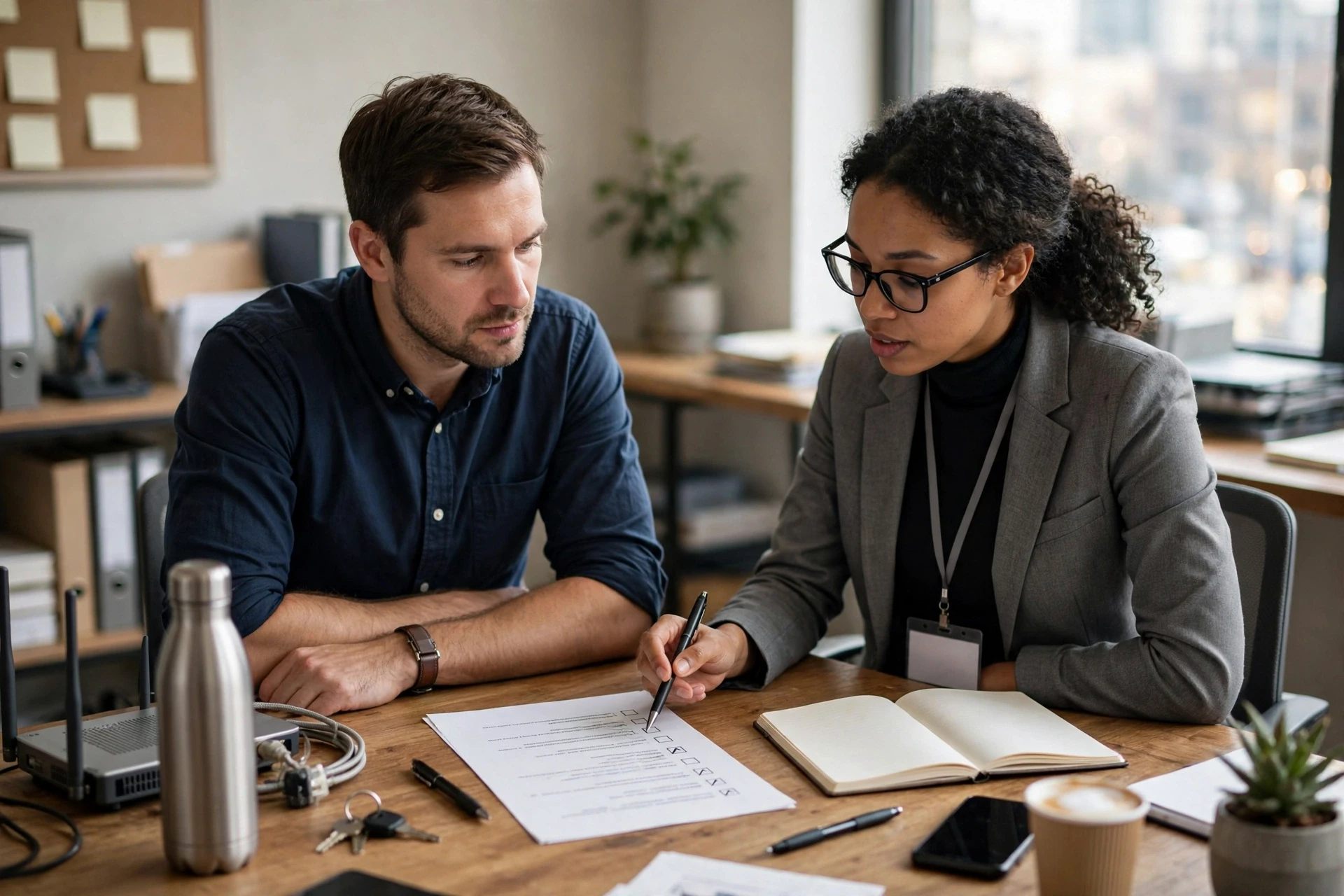 Small business owner reviewing security checklist with IT consultant