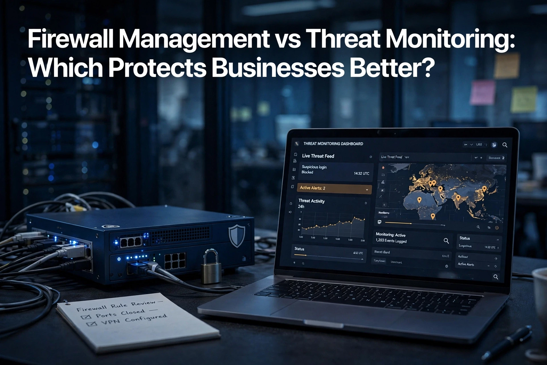 A laptop displays a threat monitoring dashboard next to network hardware in a server room; a notepad lists firewall rules and VPN configuration tasks. Text above compares firewall management and threat monitoring.