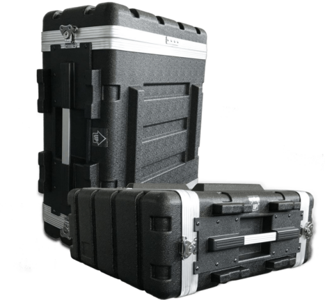 Two black hard plastic equipment cases with metal-reinforced edges, latches, and handles, one standing upright and the other lying flat against a black background. Two black hard plastic equipment cases with metal-reinforced edges, latches, and handles, one standing upright and the other lying flat against a black background.