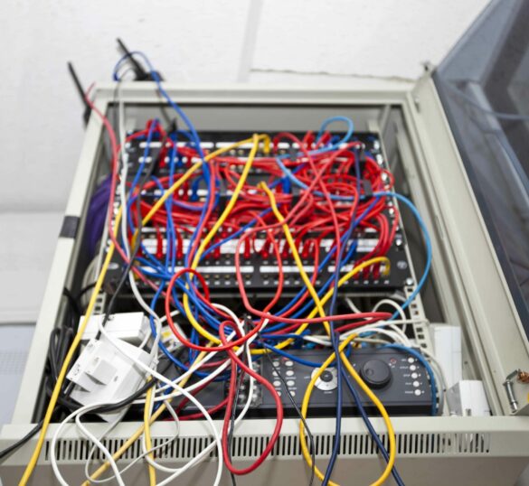 A network server cabinet with numerous tangled red, blue, yellow, and white cables plugged into various ports and devices.