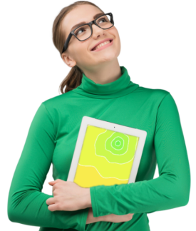 Person in green turtleneck and glasses holding a tablet with a yellow and green abstract screen, looking up and smiling. Person in green turtleneck and glasses holding a tablet with a yellow and green abstract screen, looking up and smiling.