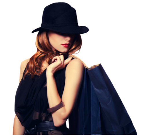 Woman wearing a black hat and dress holds several blue shopping bags over her shoulder, looking to the side with red lipstick and wavy hair. Woman wearing a black hat and dress holds several blue shopping bags over her shoulder, looking to the side with red lipstick and wavy hair.