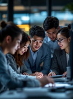Five people in business attire collaborate on documents at a desk in a modern, well-lit office environment. Five people in business attire collaborate on documents at a desk in a modern, well-lit office environment.
