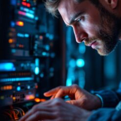A man closely inspects and adjusts cables on a rack of computer servers in a dimly lit room. A man closely inspects and adjusts cables on a rack of computer servers in a dimly lit room.