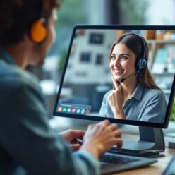 A man and a woman wearing headsets communicate through a video call on a computer, with the woman’s image visible on the monitor. A man and a woman wearing headsets communicate through a video call on a computer, with the woman’s image visible on the monitor.