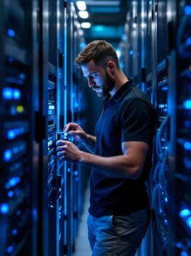 A man in a black polo shirt works on server equipment in a dimly lit data center with blue lights. A man in a black polo shirt works on server equipment in a dimly lit data center with blue lights.