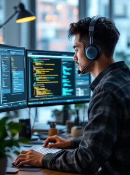 A person wearing headphones works at a desk with multiple monitors displaying code and software development tools in a modern office setting. A person wearing headphones works at a desk with multiple monitors displaying code and software development tools in a modern office setting.