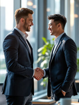 Two businessmen in suits shake hands and smile at each other in a modern office setting with large windows and indoor plants. Two businessmen in suits shake hands and smile at each other in a modern office setting with large windows and indoor plants.